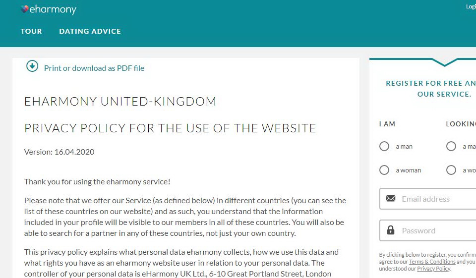 eHarmony dating website features